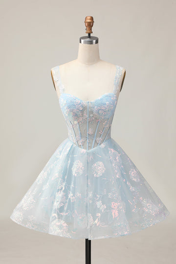 Sparkly Light Blue A Line Spaghetti Straps Corset Short Prom Dress